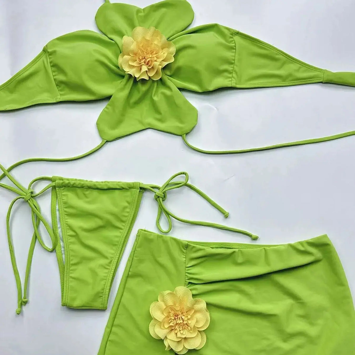 DEKA Women Sexy Green 3D Floral Bikinis Set Halter Push Up Pleate Skirt 3 Piece Swimsuit Beach Bathing Suit Thong Swimwear