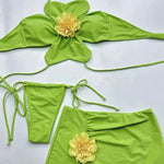DEKA Women Sexy Green 3D Floral Bikinis Set Halter Push Up Pleate Skirt 3 Piece Swimsuit Beach Bathing Suit Thong Swimwear