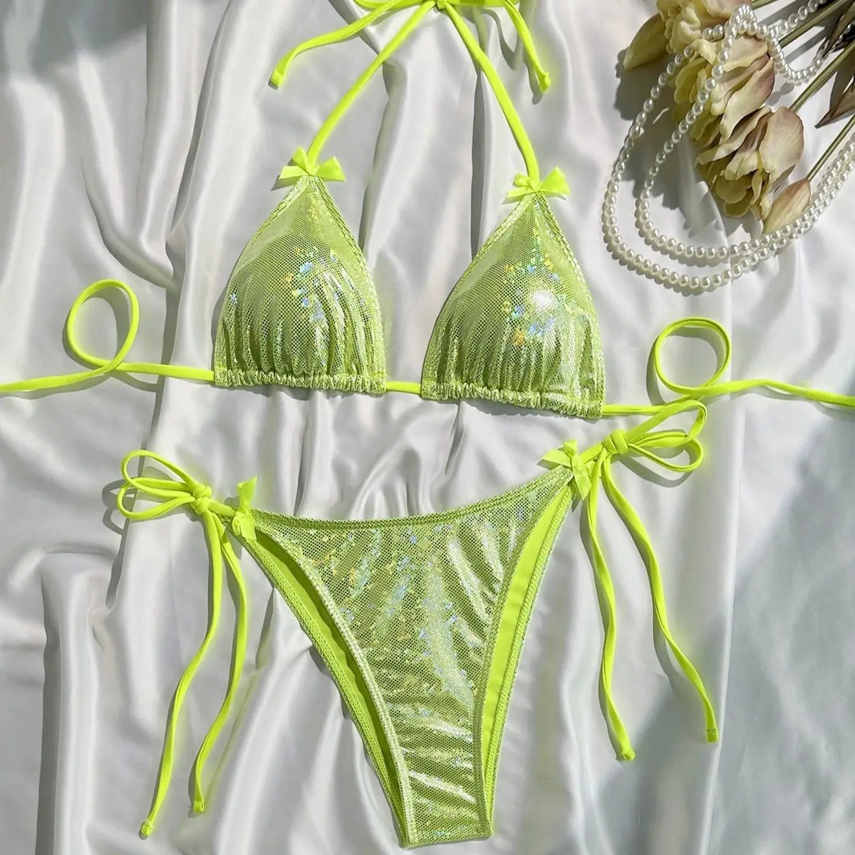 DEKA Shiny Bikini Set Triangle Bandage Swimsuit Women Swimwear Summer Biquini Beachwear Long String Bow Swimsuit Beachwear Suits