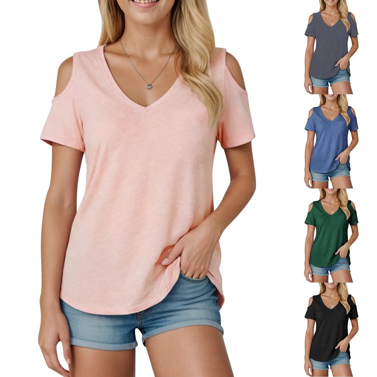 Women V Neck Cold Shoulder Short Sleeve T Shirt Soft Loose Fit Solid Color Basic Tees Spring Summer Casual Daily Streetwear 2026