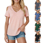 Women V Neck Cold Shoulder Short Sleeve T Shirt Soft Loose Fit Solid Color Basic Tees Spring Summer Casual Daily Streetwear 2026