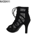 NASBAVI Women Latin Dance Boots Tango Party Shoes for Ladies Girls High Heels Ballroom Dance Shoes Mesh Rumba Samba Salsa Shoes