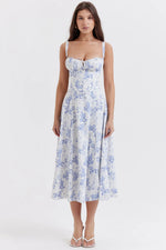 Sexy Low Cut Spaghetti Strap Maxi Dresses For Women Color Flower Printed Chest Wrap Bowknot Leace-up Long Dress Elegant Vestidos