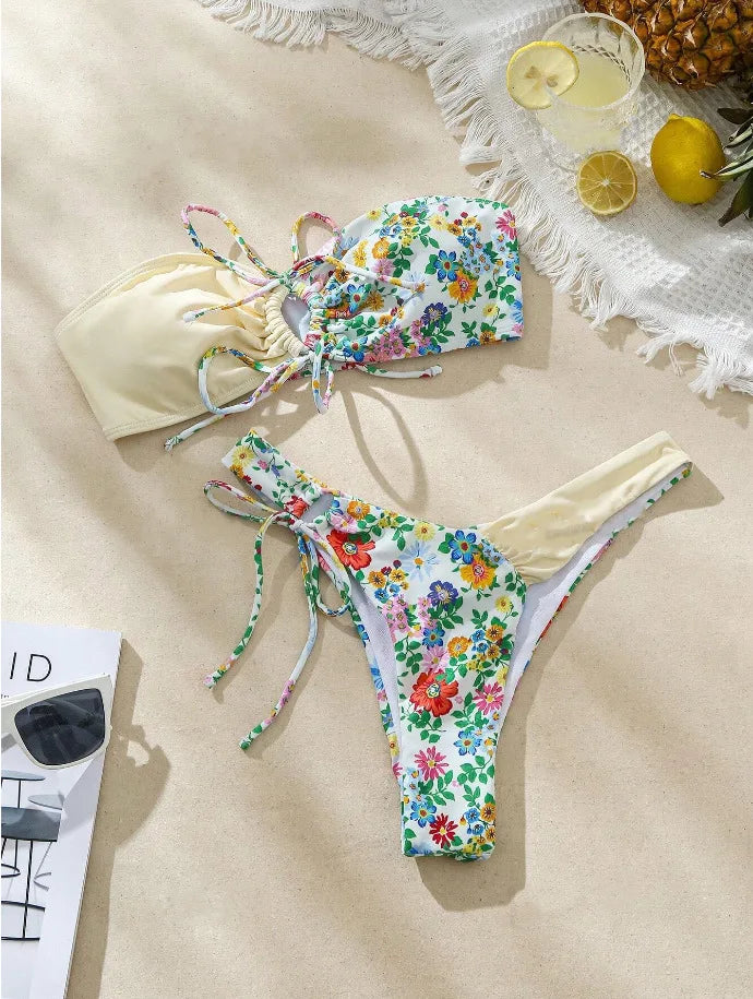 New Sexy Floral Print Bandeau Bikini 2024 Women Swimwear Female Swimsuit Two Pieces Thong Bikini Set Bather Tie Bathing Suit