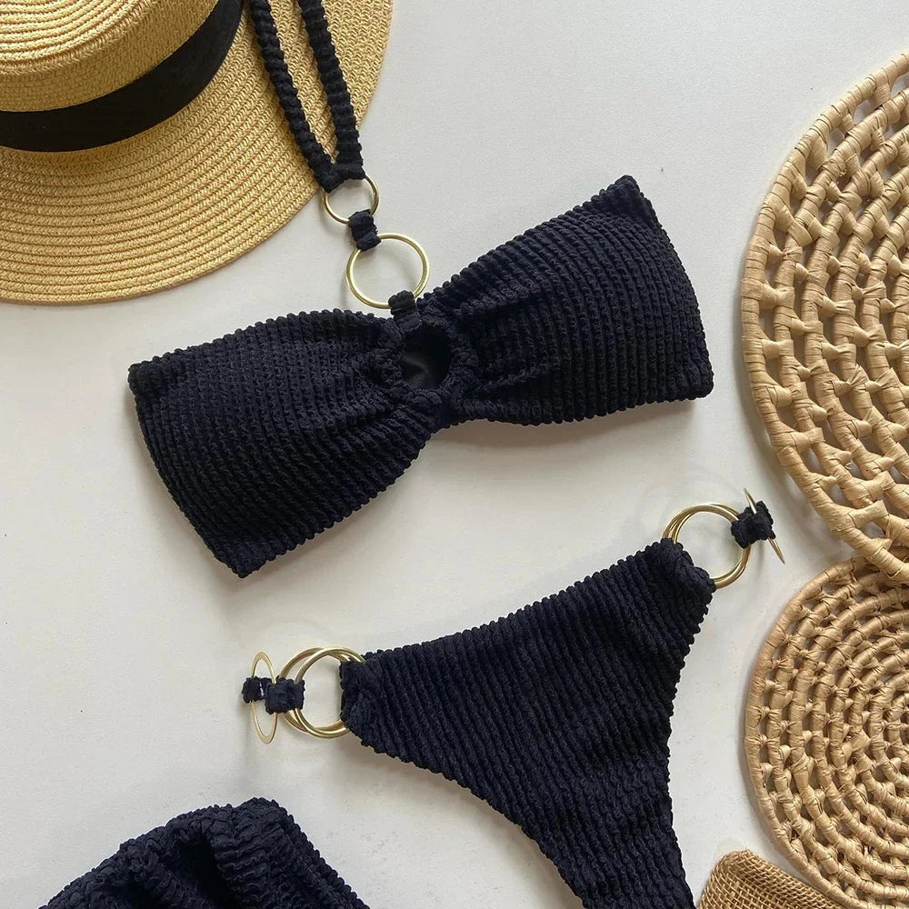 Sexy 3 pieces Bandeau Bikini 2024 Women Swimsuit Female Swimwear Thong Bikinis Set Brazilian Beach Wear Bathing Suit Biquini