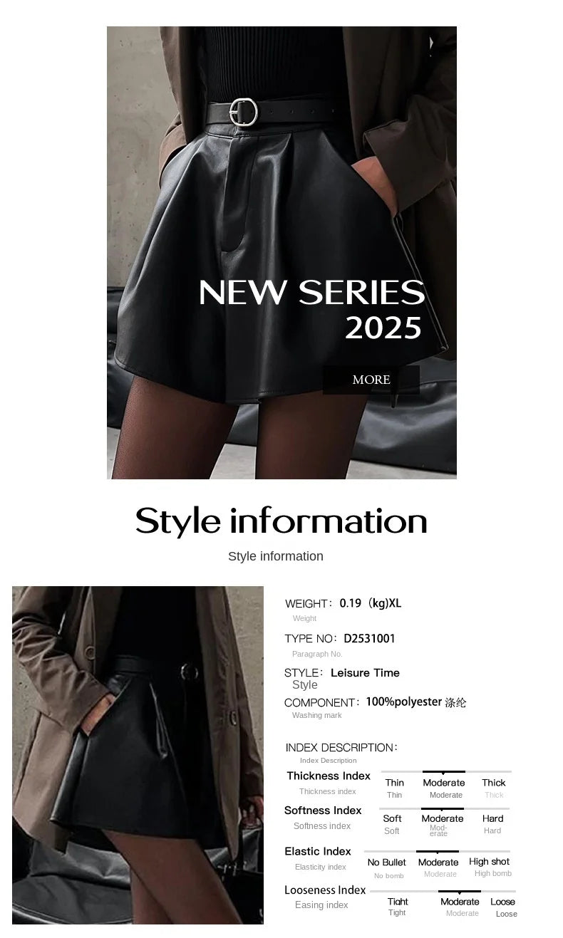Phantasy Sexy Short Trousers Street Bottom High Waist Wide Leg Ruffles Cuff Pu Leather Shorts Fashionable Autumn Women Clothing