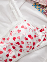 Women Heart Print Sexy Lingerie Set Lace Trim Wireless Bandeau Bra & Adjustable Strap Thong Sexy Underwear