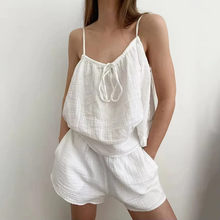 Summer New Women's Pure Cotton Pajamas and Shorts Two-Piece Set Casual and Comfortable Home Wear Pure Cotton Suspender Y2K Hot