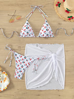 XS - L Cherry Print Halter Strappy Bikini Female Swimsuit Women Swimwear Two-pieces Bikini Set Tie Side Bather Bathing Suit Swim