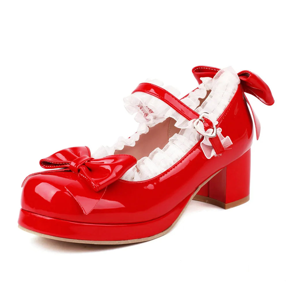 2025 Plus Size 30-48 Women's Candy Colors Mary Janes Pumps Bow Tie Ruffles Black Pink Platform Sweet Block Heels Lolita Shoes