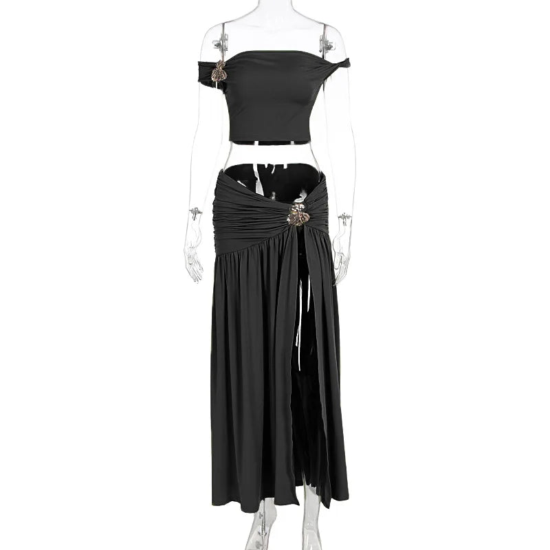 Summer Skirt Set Women Metal Flower Sexy Off Shoulder Slim Crop Top High Slit Skirt Sets Fashion Backless Pleated 2 Piece Suits