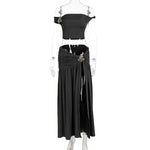 Summer Skirt Set Women Metal Flower Sexy Off Shoulder Slim Crop Top High Slit Skirt Sets Fashion Backless Pleated 2 Piece Suits
