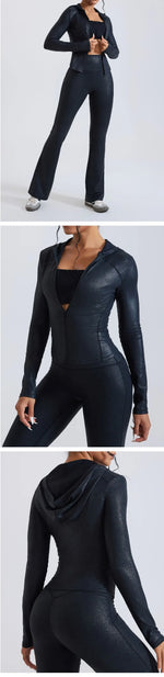 Women's Nude Faux Leather Yoga Top Windproof Tight Fitting Slimming Waist Cinching Zipper Sports Jacket Outdoor and Fitness Top