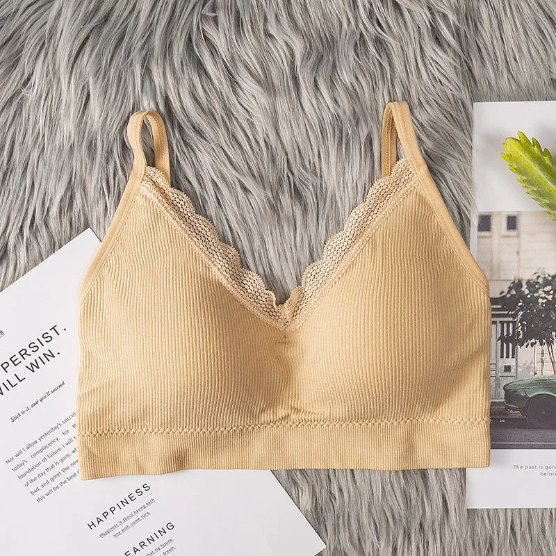 Women's Lace V Neck Rib Camisole Tube Top Bralette Criss Cross Back Removable Foam Pads Wireless Thin Straps Tube Bra