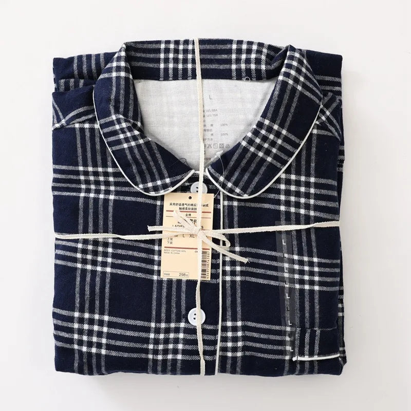 Men Brushed Cotton Vintage Plaid Stripe Pajama Set Lapel Collar Long Sleeve Top Pants Home Sleepwear Loungewear
