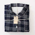 Men Brushed Cotton Vintage Plaid Stripe Pajama Set Lapel Collar Long Sleeve Top Pants Home Sleepwear Loungewear