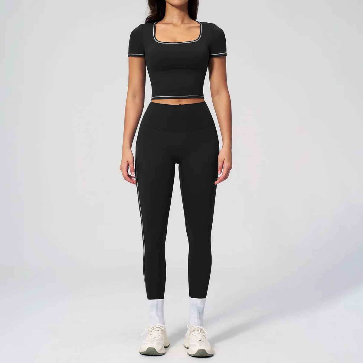 2PC Color Contrast Yoga Suit Women Short Sleeve Square Collar Slim Sports Top Fitness Suits Outdoor Exercise Leggings Tracksuit