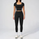 2PC Color Contrast Yoga Suit Women Short Sleeve Square Collar Slim Sports Top Fitness Suits Outdoor Exercise Leggings Tracksuit