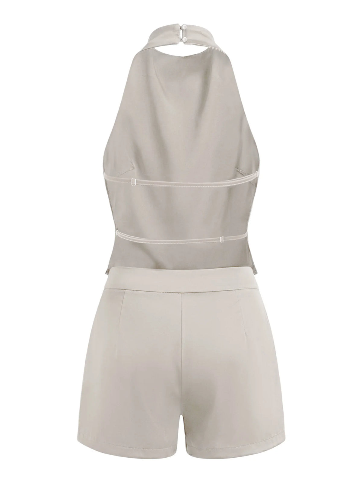Summer Women's Solid Color Satin Shorts Sets Backless Mock Neck Halter Tops with Shorts 2 Piece Outfits Casual Streetwear