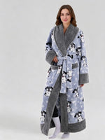 Warm Flannel Long Couples Robe Autumn Winter Color Block Lapel Funny Cartoon Print Bathrobe with Double Pockets Loungewear