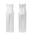 Women Summer Sleepwear White Satin Pajama Sets Lace Spaghetti Straps Cami with Pants Two Piece Sets