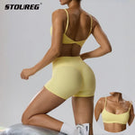 STOUREG Women 2 Piece Yoga Workout Set Adjustable Strap Twist Back Sports Bra Peach Hip Yoga Shorts Fitness Gym Outfit