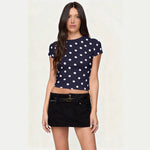 Women's summer fashion retro polka dot short-sleeved printed slim round neck top