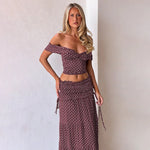 FDYOUI Woman Clothing Polka Dot Crop Tops and Lace-up Skirt Two Piece Sets Female Elegant Slash Neck Long Vacation Dresses Suit