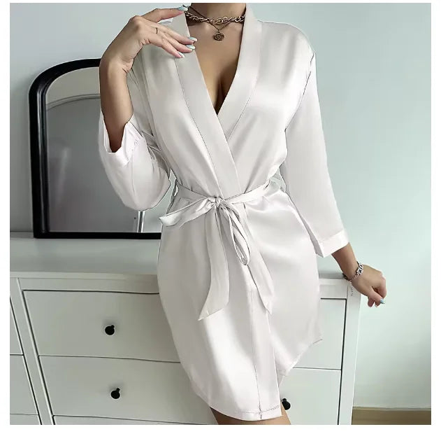 Pajamas women summer European and American ladies lace-up bathrobe sexy morning gown home dress can wear ice silk robe