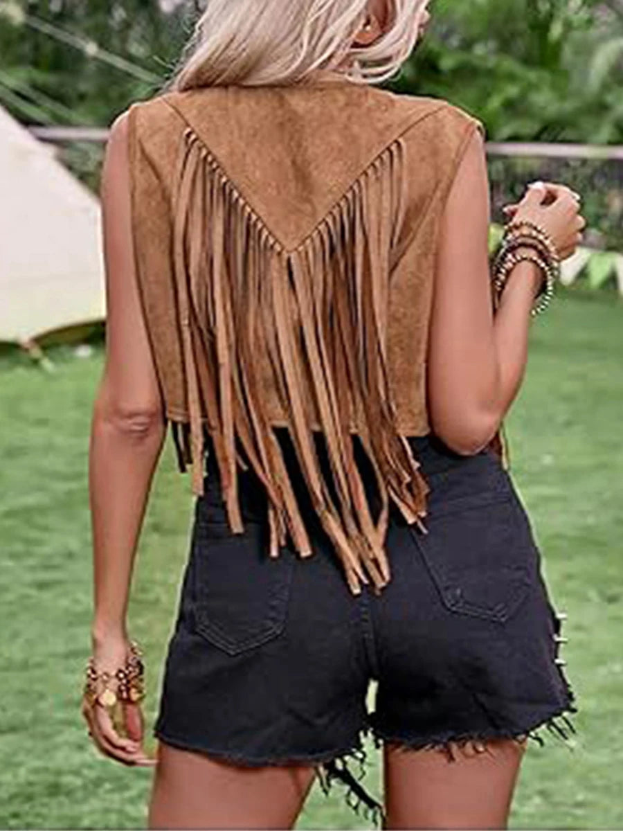 Women's Cowgirl Tassel Vest Coat Western style Sleeveless Open Front Cardigan Tops Jackets 70s Hippie Waistcoat
