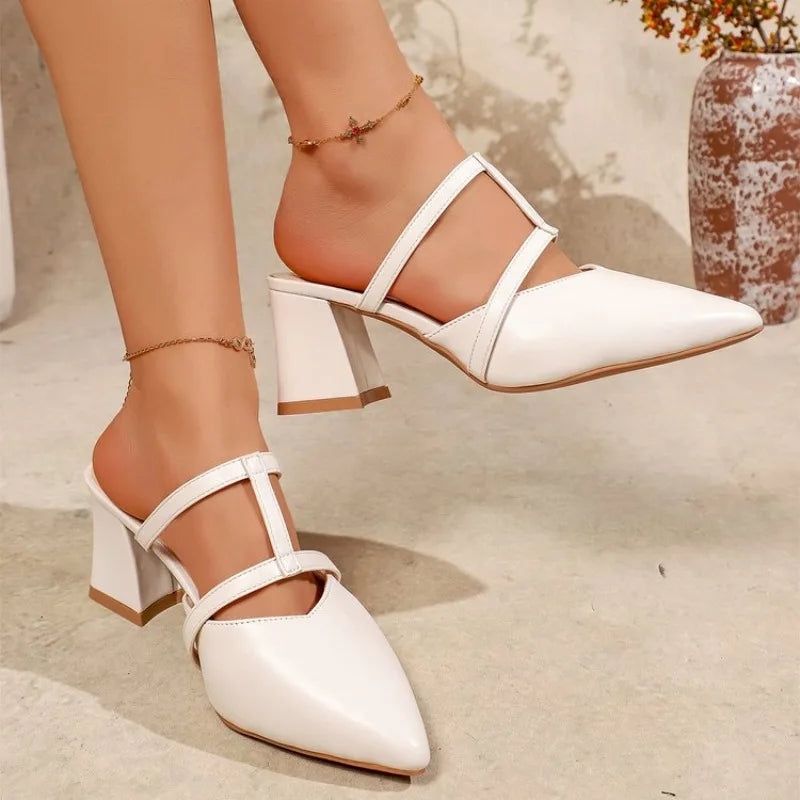 Baotou Semi-slippers Women's Summer Wear Fashion Pointed Toe Shallow MouthSquare Heel Sandals and Slippers