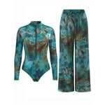 Vintage Blue Tie Dye SPF Pants Swimwear Sets Women Long Sleeve Front Zipper Slim Sun Protection Holiday One-piece Swimsuit 2026