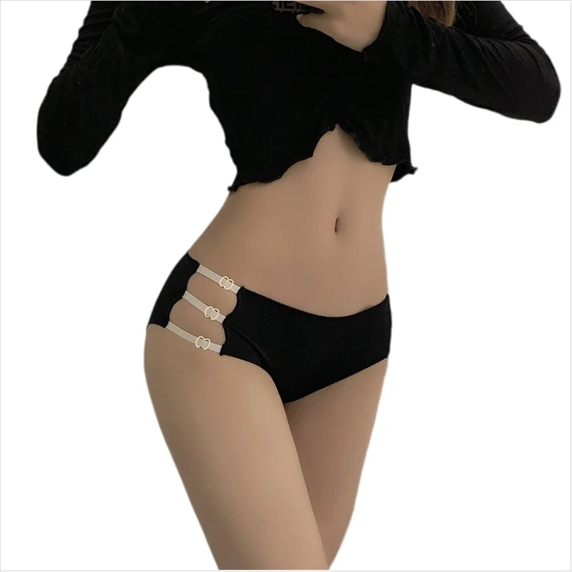 Breathable Ice Silk Lady Panties Metal Buckle Hollow Out Thin Belt Women's Underpants Wrap Buttocks T-pants Cotton Crotch Briefs