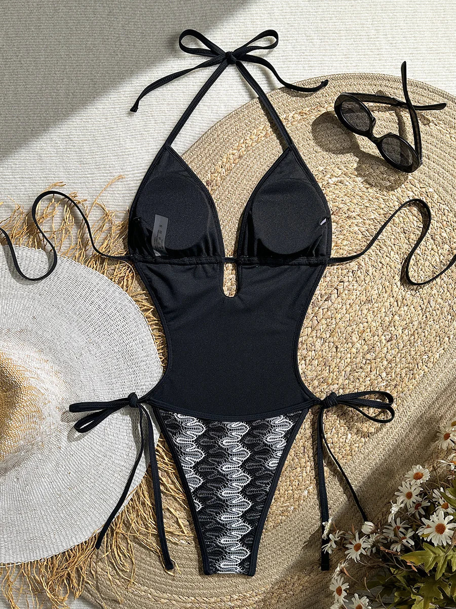 Printed Halter V Neck Female Swimwear One Piece Swimsuit Women Backless Monokini High Leg Cut Bather Bathing Suit Swim Bodysuit