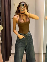 FDYOUI Women Sexy Sleeveless Lace Patchwork Pink Bodysuits 2026 Summer Halter Lace-up Backless One Piece Party Club Jumpsuit Top