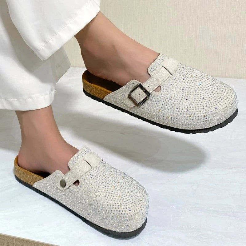 Shiny Rhinestones Outdoor Slippers Women's Shoes 2026 Summer Trend Luxury Platform Sandals Black Buckle Cork Clog Luxury Mules