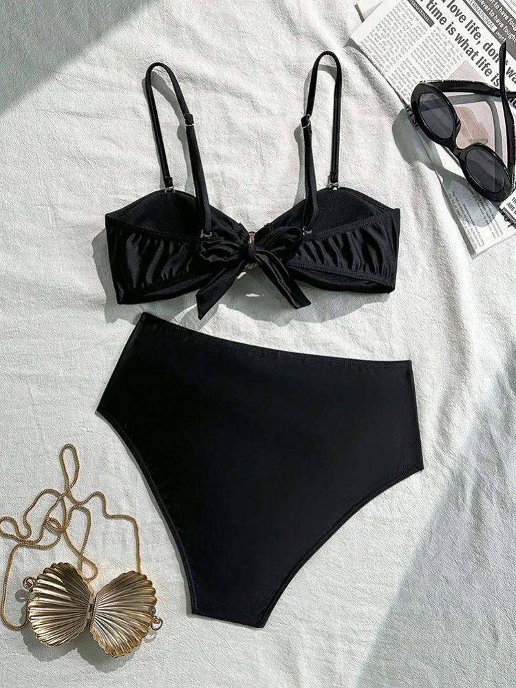 Sexy Metal Shell High Waist Bikini Set Women Black Coffee Pleate Push Up Two Piece Swimsuit 2026 Holiday Bathing Suit Swimwear