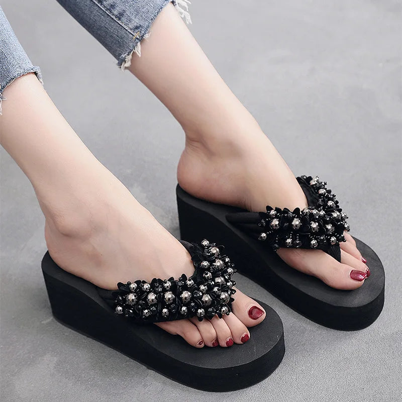Big Size 42 Fashion Flip Flops For Women Summer Wedges Shoes EVA Sole String Bead Female Indoor Beach Slippers Slip-on Sandals