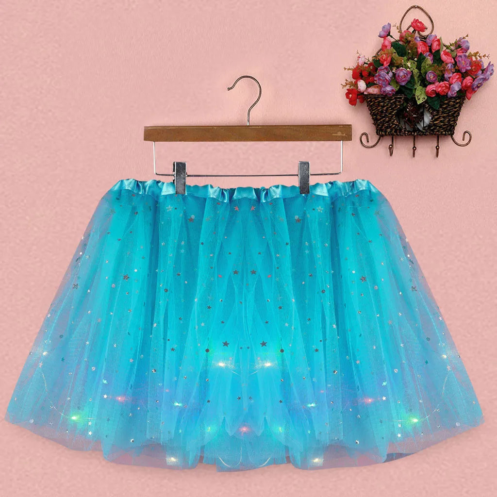 Women's Tulle Skirt Star Sequined Short Tutu Skirt Fancy Ballet Dancewear Party Costume Ball Gown Led Light Luminous Mini Skirts