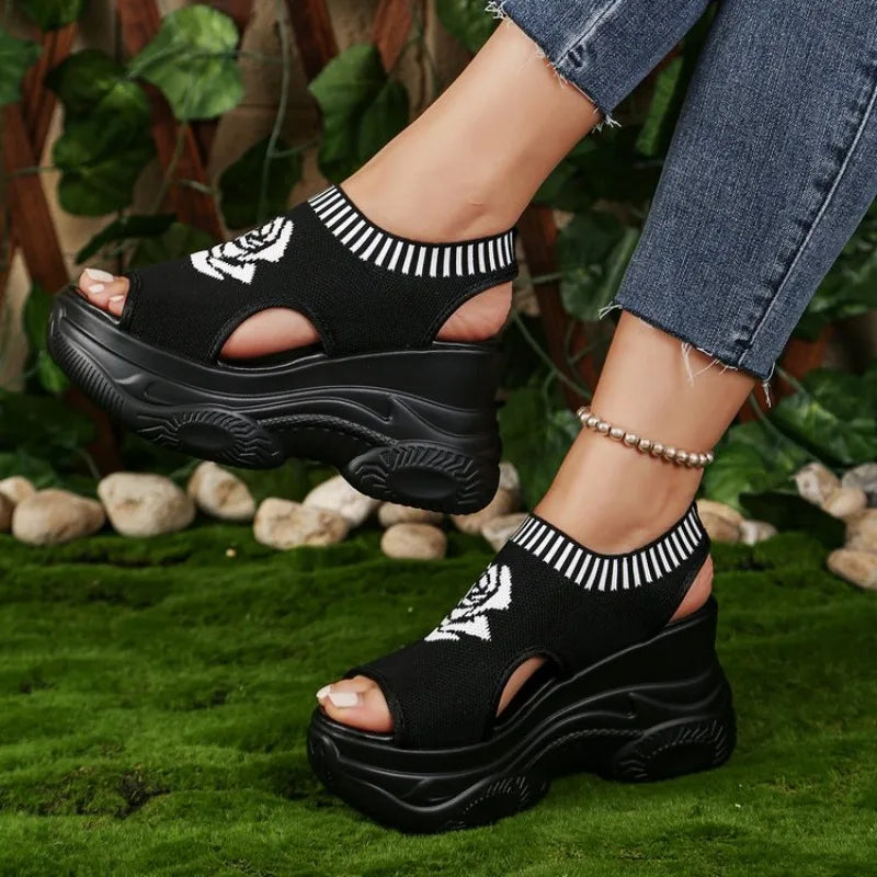 2026 Summer New Knitted Shoes Fairy Fish-mouth Wind Cake Sole High Heel Flying Weave Slope Heel Thick Sole Sports Women's Sandal