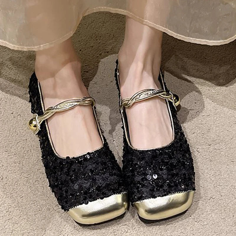 Elegant Solid Color Bling Mary Janes Shoes Women Spring Autumn Buckle Strap Party Flats Woman Shallow Square Top Shoes Lady