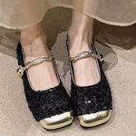 Elegant Solid Color Bling Mary Janes Shoes Women Spring Autumn Buckle Strap Party Flats Woman Shallow Square Top Shoes Lady