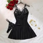 Black Daisy Floral Lace Sheer Mesh Babydoll Lingerie Set Slip Nightdress With Matching Thong Women Sexy Sleepwear ZA825096