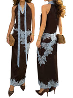 Women 2 Piece Outfits Solid Color Stylish Lace Patchwork Sleeveless Deep V Neck Satin Tops and Long Skirt Summer Suits