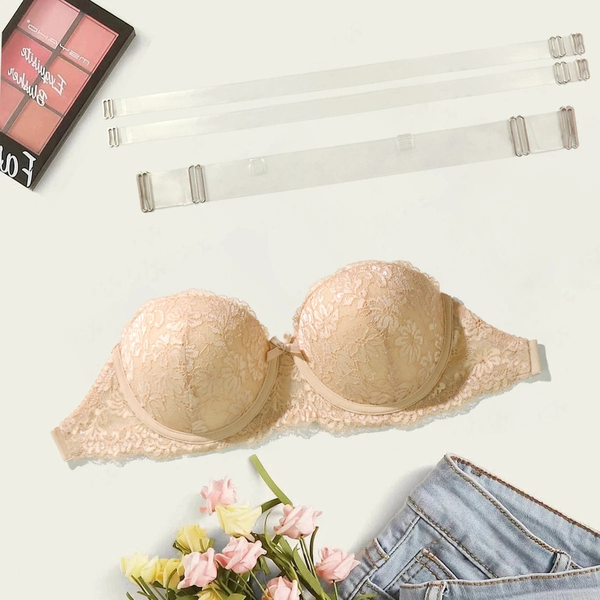 BEAUWEAR Half Cup Demi Bra with Frosted Transparent Straps Plain Lace Lingerie Backless Invisible Bra for Party Wedding