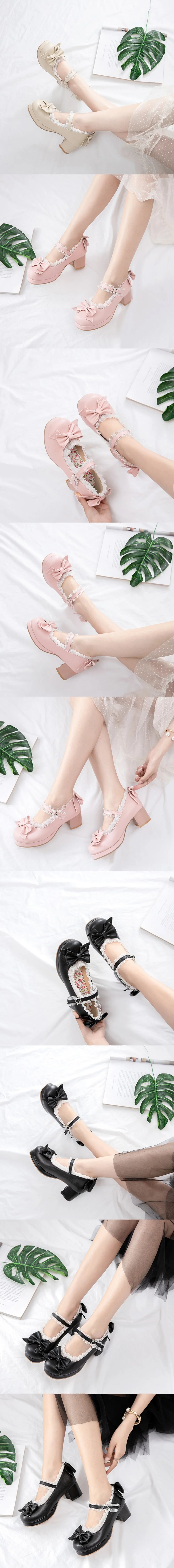 2025 Plus Size 30-48 Women's Candy Colors Mary Janes Pumps Bow Tie Ruffles Black Pink Platform Sweet Block Heels Lolita Shoes