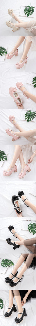 2025 Plus Size 30-48 Women's Candy Colors Mary Janes Pumps Bow Tie Ruffles Black Pink Platform Sweet Block Heels Lolita Shoes
