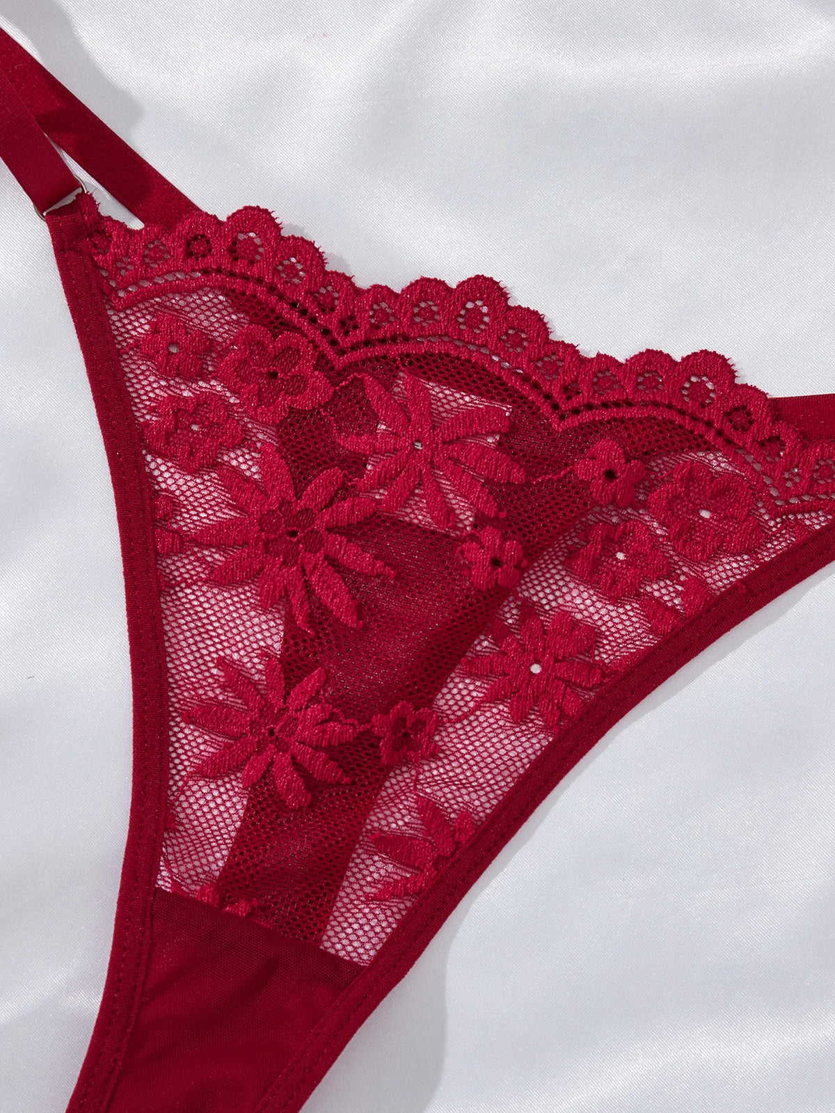 Deep V netted embroidered nightgown and thong set. Red lace strapless sexy women's homewear. ZA825096