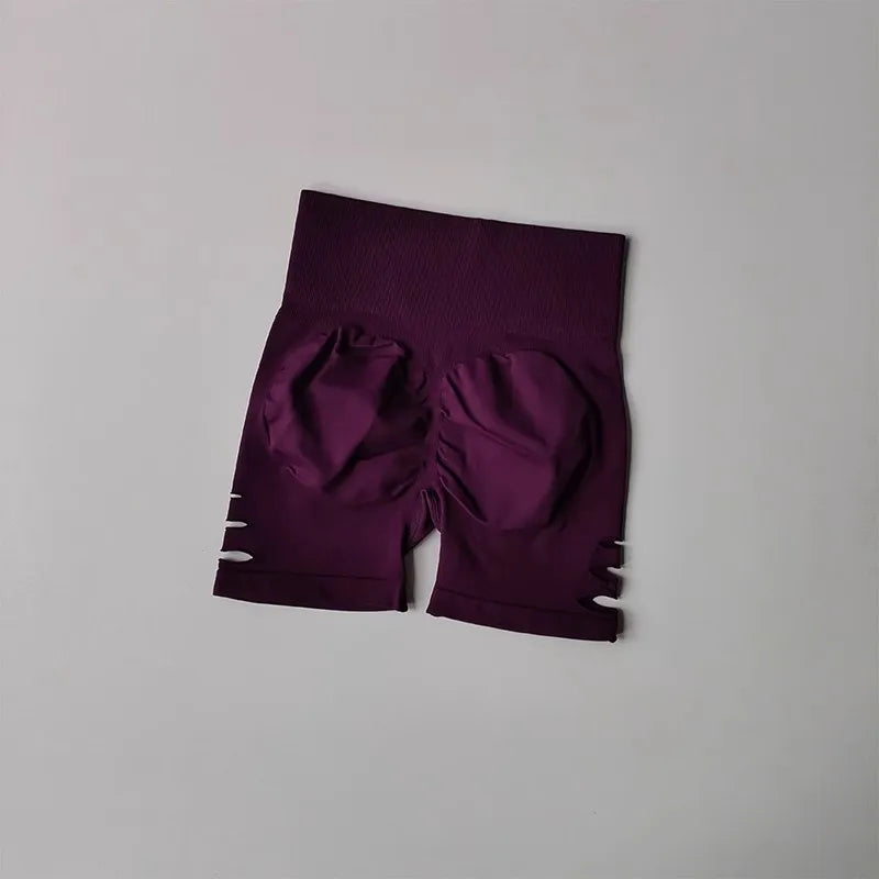 Women's yoga fitness shorts, peach hip lifting sexy perforated elastic breathable sports three quarter high waist yoga short