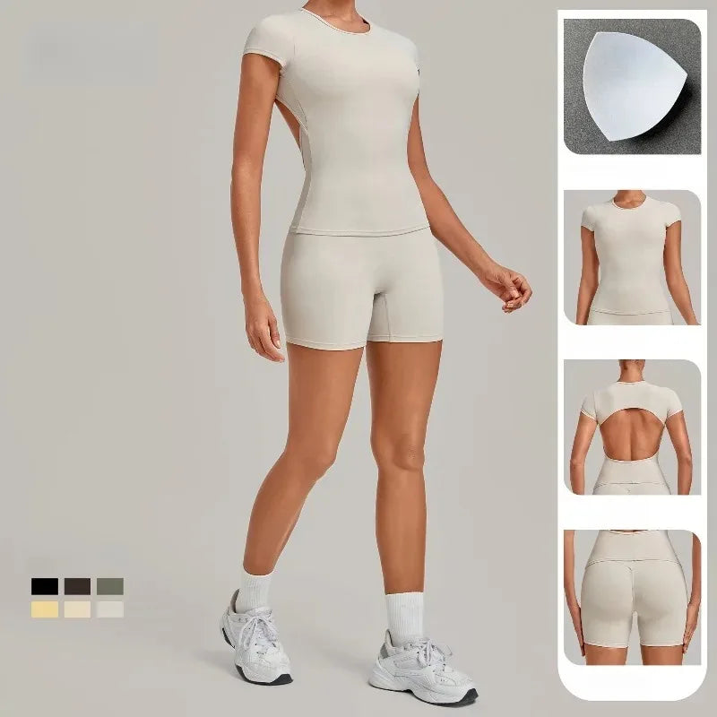 Women's Seamless Yoga Sets Sports Fitness Workout Hip-lifting High Waist Shorts Backless Short-sleeve Vest Suit Gym Training Set
